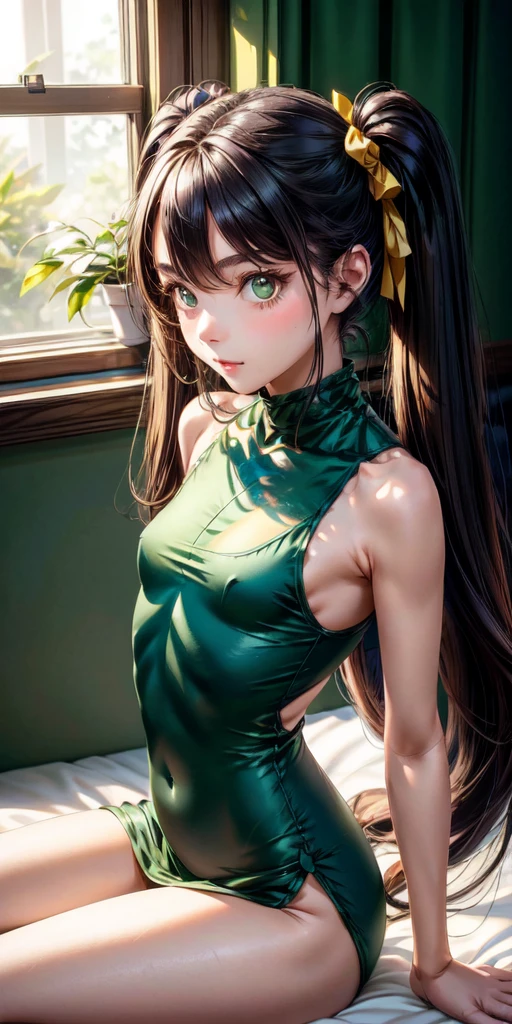 A woman sitting down on a bed. She has green and dark hair styled in twin tails. Her twin tails are wrapped in brown ribbons. She has a slim body with small perky beasts. Window light shining on her