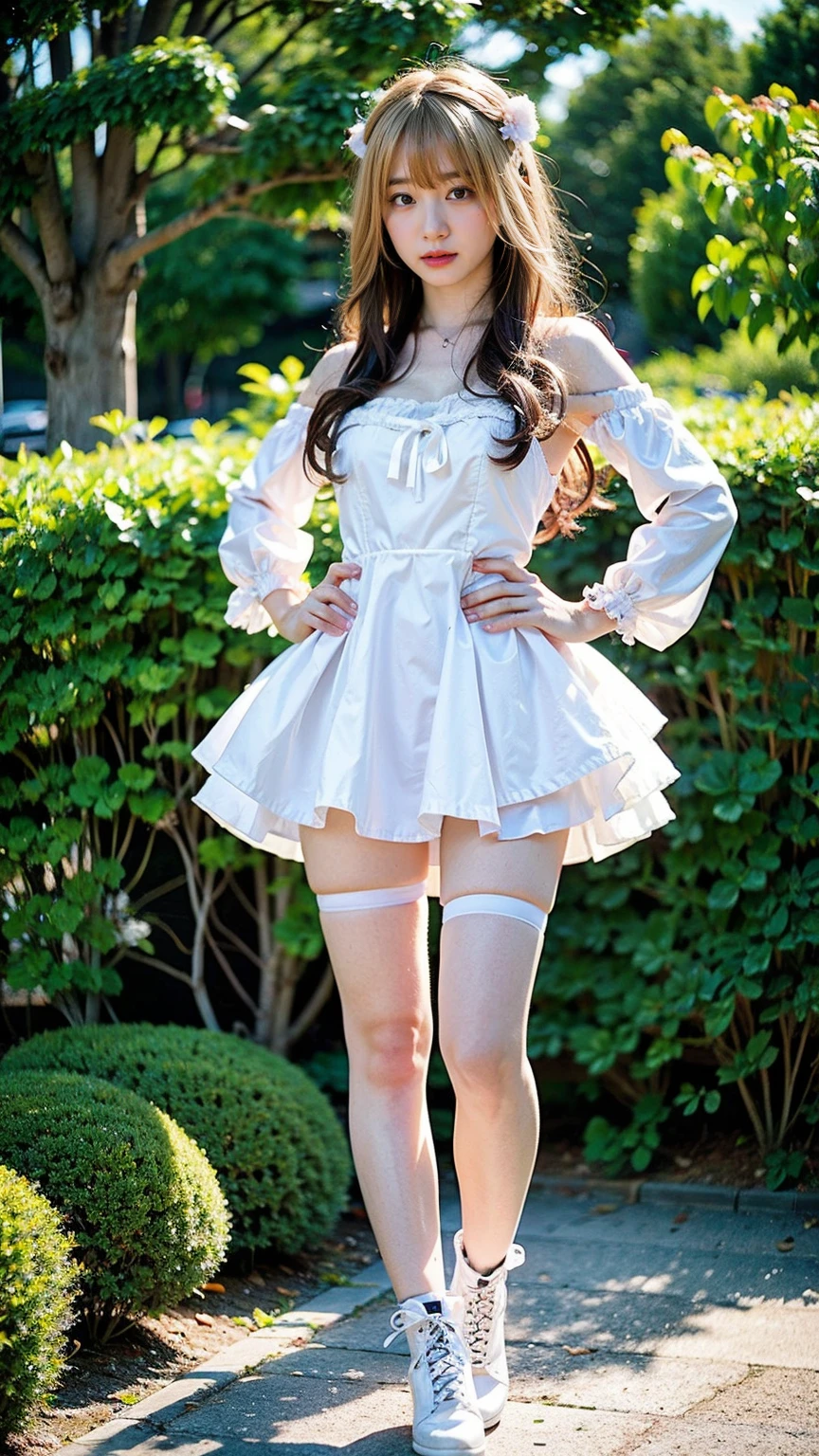 (8k、RAW Photos、Highest quality、masterpiece:1.2)、(Realistic、Realistic)、1 girl、((White Mini Skirt、Off the shoulder、Pink dress、See-through、Frilledium Hair、Pretty Cure Costume、See through、Blonde、tights、ribbon、boots、Accentuate your breasts、whole body、garden、View from the front、Looking into the camera、Stand with hands on hips))、