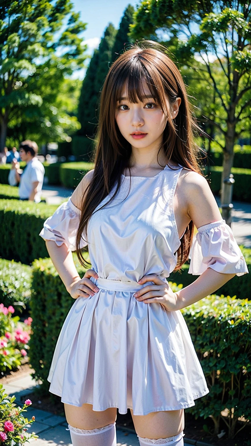 (8k、RAW Photos、Highest quality、masterpiece:1.2)、(Realistic、Realistic)、1 girl、((White Mini Skirt、Off the shoulder、Pink dress、See-through、Frilledium Hair、Pretty Cure Costume、See through、Blonde、tights、ribbon、boots、Accentuate your breasts、whole body、garden、View from the front、Looking into the camera、Stand with hands on hips))、