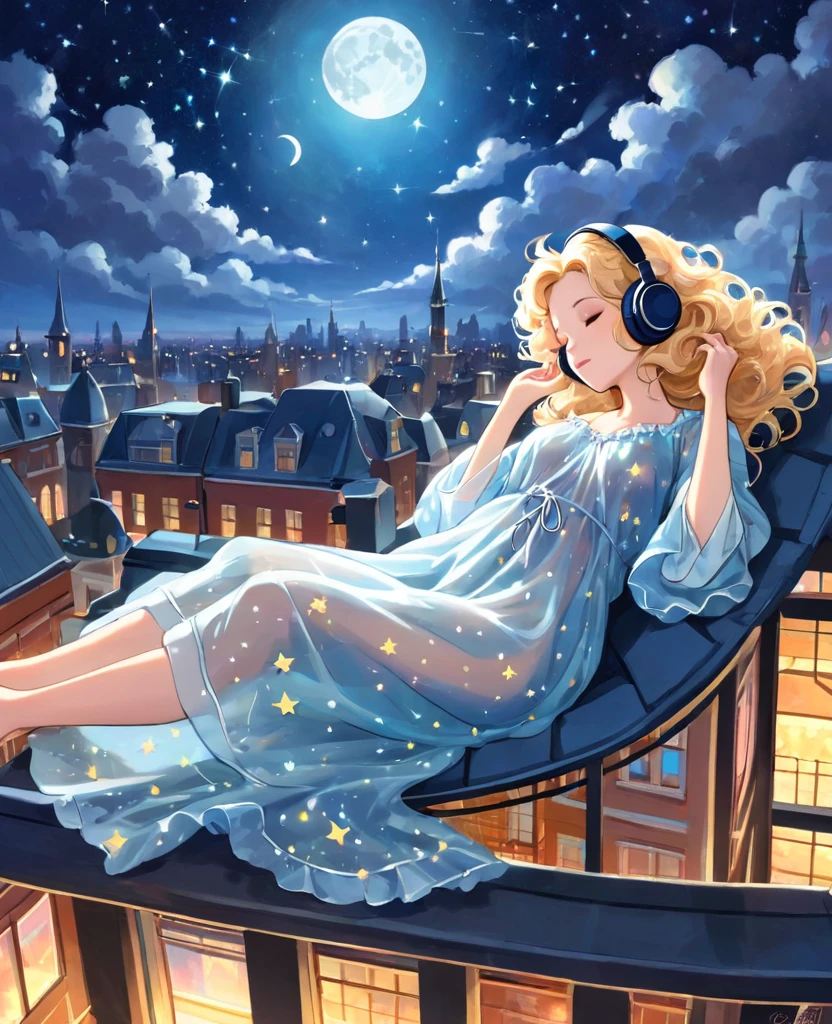 A Gil Elvgren pin-up style painting of a beautiful blonde woman with big messy hair, floating on a cloud gracefully laying on the cloud, wearing headphones, wearing little transparent nightgown, with moon light, twinkling stars and colorful stardust, vibrant and colorful, full body shot, looking down at a small city at night, cityscape