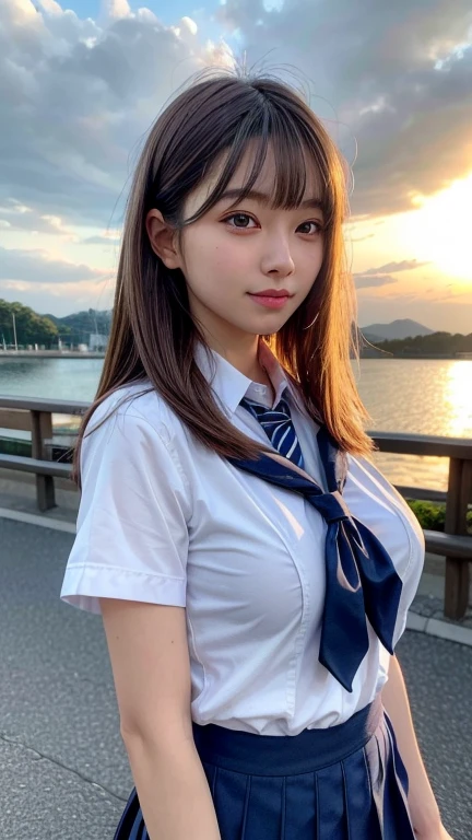 8k,Highest quality, Tabletop, Ultra-detailed, 超High resolution, Realistic, RAW Photos, Absurd, The absolute solution, One Girl, Upper Body Shot, View your viewers,Young and beautiful woman in Japan, Super cute face, Attractive person, Large Breasts,Long Bob Hair,smile,(school uniform:1.3),Beautiful Eyes,(the wind is strong:1.3), 混雑した道をsmileで歩く,Glossy Lips, Double eyelids on both eyes, Natural Makeup, Long eyelashes, 光沢のある滑らかなライトブラウンのLong Bob Hair, Asymmetrical bangs, Glowing Skin, Center image, High resolution, Attention to detail, Detailed hairstyle, Detailed face, Great cinema lighting, Octane Rendering, Vibrant, Ultra-realistic, Perfect limbs, Perfect Anatomy