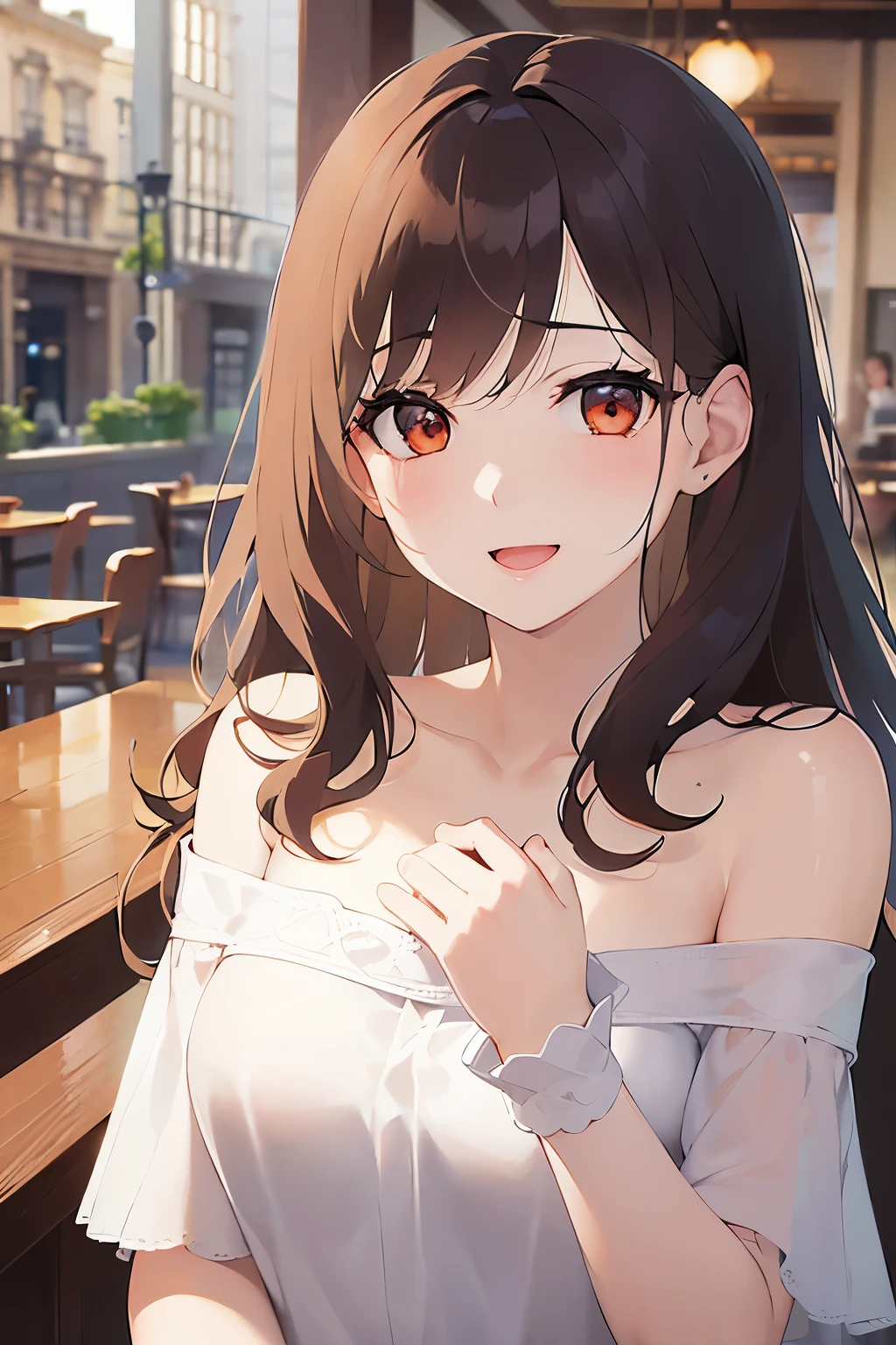hand on own chest, upper body、(pale skin: 1.2), shiny skin, shiny hair、(A 25-year-old woman with medium-length hair and bangs) and (wavy hair) and (brown hair) and (orange eyes) , (white) and (off shoulder blouse) 、(smile:1.2), open mouth, blush, The background is the interior of a cafe、Alone、Are standing