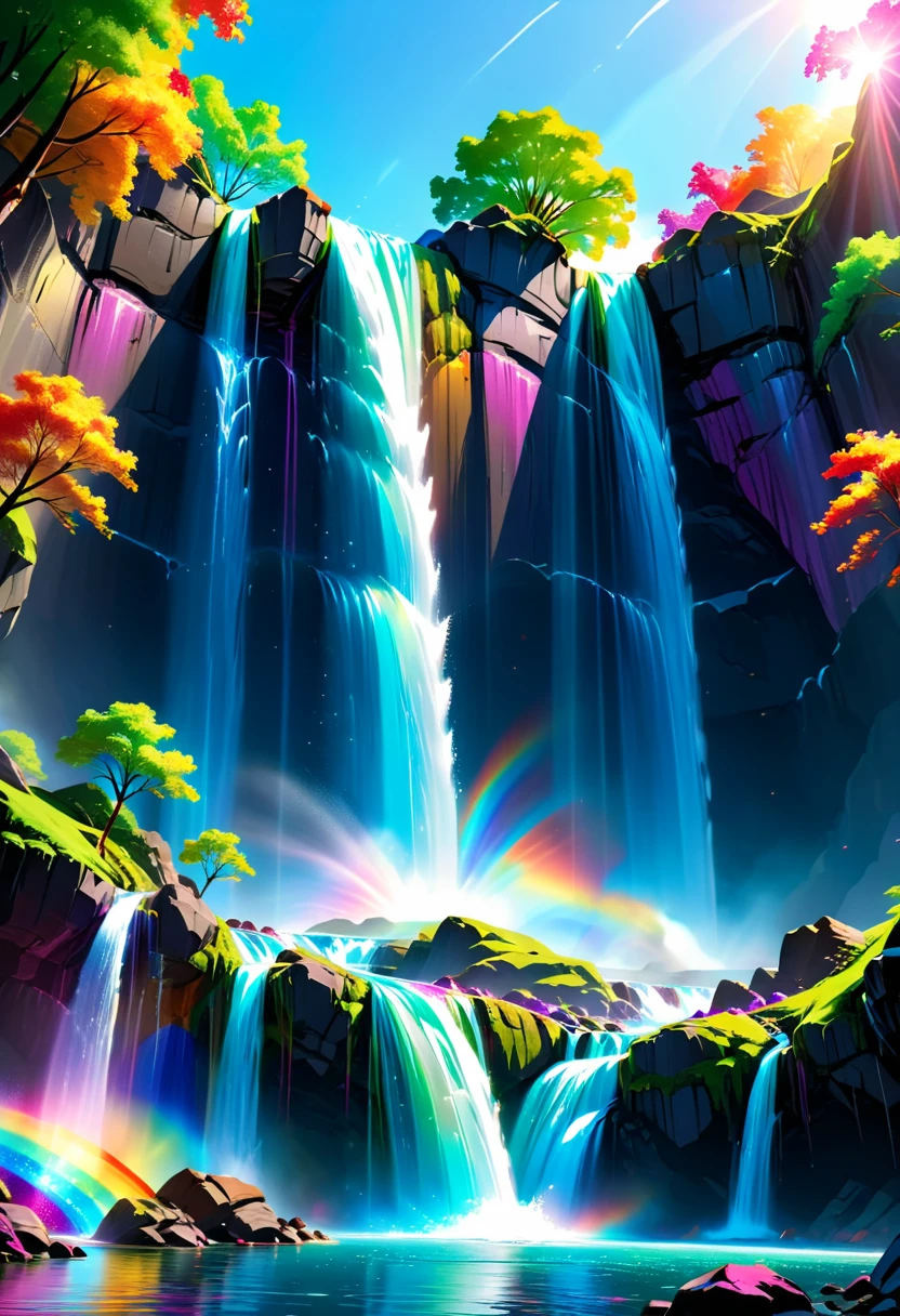 a ((low angle shot: 1.5)), from below of an epic waterfall, there is an epic waterfall coming out of an epic cliff, the water coming down in earnest, there is a rainbow reflected on the  water, vibrant, Ultra-high resolution, High Contrast, (masterpiece:1.5), highest quality, Best aesthetics), best details, best quality, highres, 16k, (ultra detailed: 1.5), masterpiece, best quality, (extremely detailed) RAW, (ultra details, Masterpiece, best quality), ral-czmcrnbw