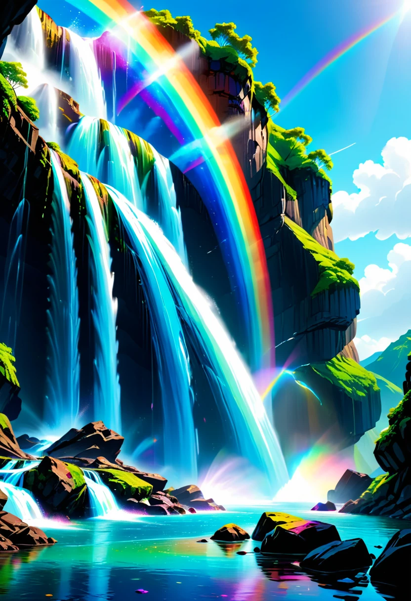a ((low angle shot: 1.5)), from below of an epic waterfall, there is an epic waterfall coming out of an epic cliff, the water coming down in earnest, there is a rainbow reflected on the  water, vibrant, Ultra-high resolution, High Contrast, (masterpiece:1.5), highest quality, Best aesthetics), best details, best quality, highres, 16k, (ultra detailed: 1.5), masterpiece, best quality, (extremely detailed) RAW, (ultra details, Masterpiece, best quality), ral-czmcrnbw