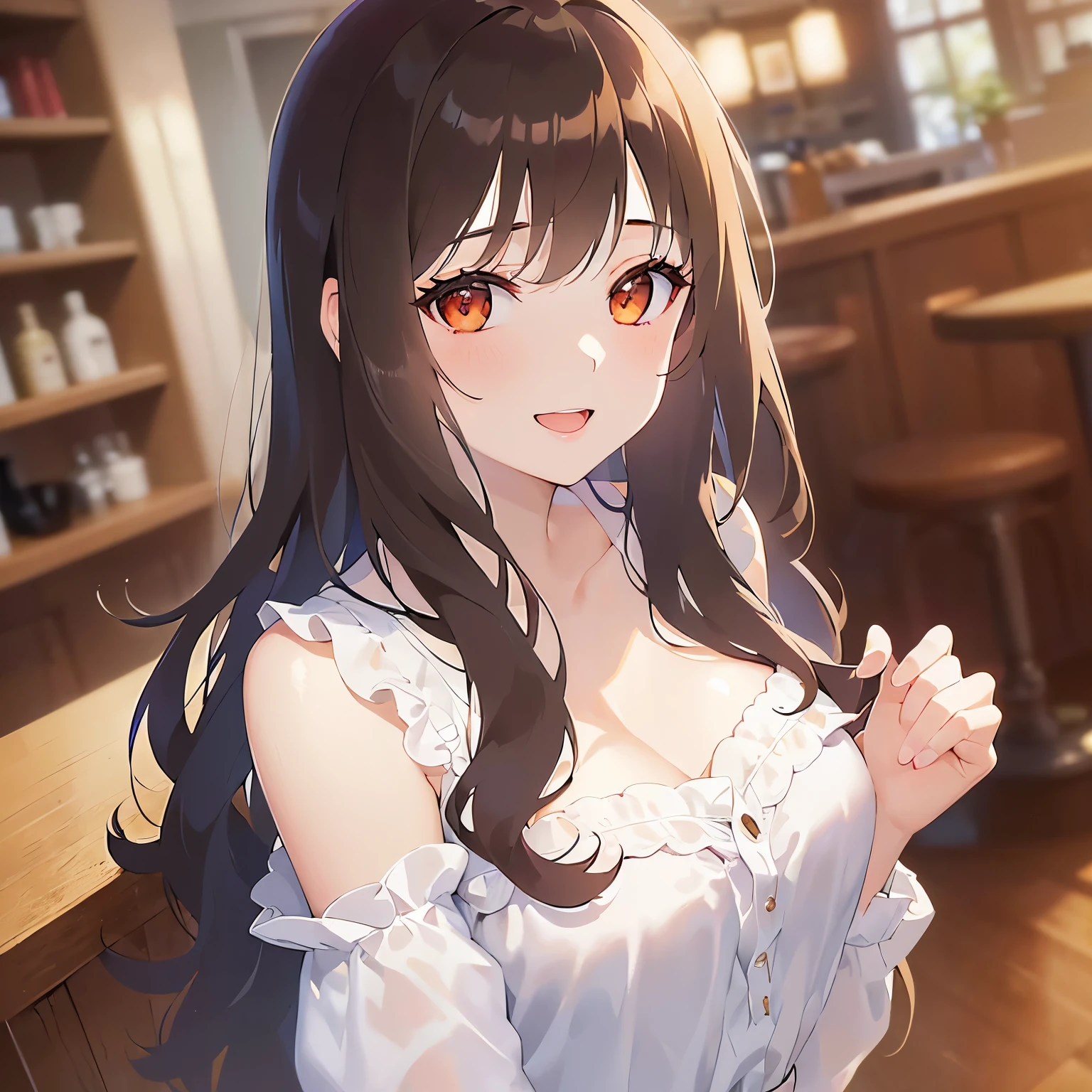 hand on own chest, upper body、(pale skin: 1.2), shiny skin, shiny hair、(A 25-year-old woman with medium-length hair and bangs) and (wavy hair) and (brown hair) and (orange eyes) , (white) and (off shoulder blouse) 、(smile:1.2), open mouth, blush, The background is the interior of a cafe、Alone、Are standing