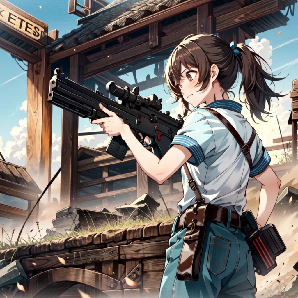 14-year-old girl、((Dark Skin))、((Brown skin))、Happiness、Serious、Black Diamond、battlefield、Defensive battle、equipped with a machine gun、Determination to Defend Absolutely、Put your finger on the trigger、Battle at Sunset、Gunfight