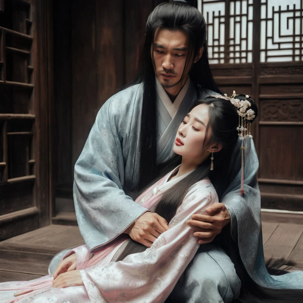 Side view An ancient Chinese handsome man, with long black hair wearing traditional Chinese clothing, with a very anxious expression, was squatting and holding a long-haired Chinese woman in pastel traditional Chinese clothing on his lap, the woman close eyes and looked weak and helpless. Background in the house traditional Chinese ., photo, cinematic, portrait photography