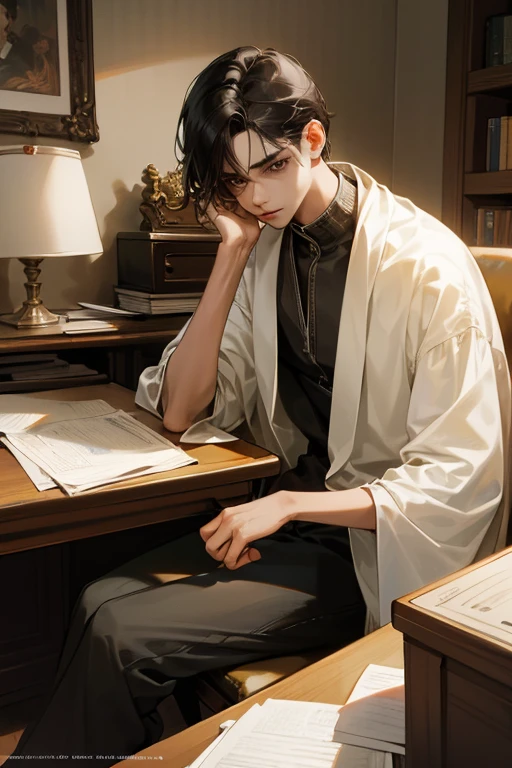 Create an image as for the cover of a story where the protagonist is, who is a young man of about 22 years old., focused from the look that is sitting at the desk, and has slanted brown eyes, with white skin, thin lips, and medium long black hair. with the title "paints"