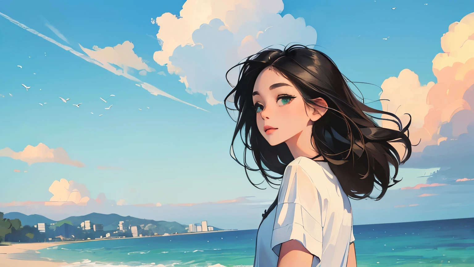 ((masterpiece)),(((bestquality))),((ultra-detailed)) realisticlying, 1 girl, Beautiful, shirt, black hair, , The sky morning, blue sky, green, looking to viewer,