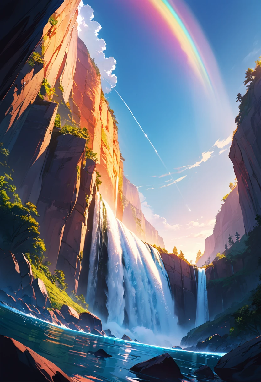 a ((low angle shot: 1.5)), from below of an epic waterfall, there is an epic waterfall coming out of an epic cliff, the water coming down in earnest, there is a rainbow reflected on the water, vibrant, Ultra-high resolution, High Contrast, (masterpiece:1.5), highest quality, Best aesthetics), best details, best quality, highres, 16k, (ultra detailed: 1.5), masterpiece, best quality, (extremely detailed) RAW, (ultra details, Masterpiece, best quality), chumbasket art style