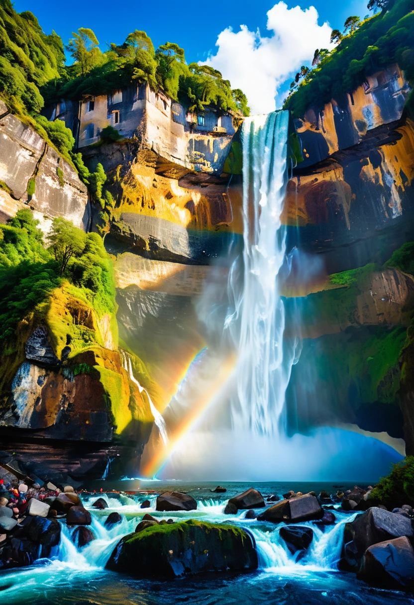 a ((low angle shot: 1.5)), from below of an epic waterfall, there is an epic waterfall coming out of an epic cliff, the water coming down in earnest, there is a rainbow reflected on the water, vibrant, Ultra-high resolution, High Contrast, (masterpiece:1.5), highest quality, Best aesthetics), best details, best quality, highres, 16k, (ultra detailed: 1.5), masterpiece, best quality, (extremely detailed) RAW, (ultra details, Masterpiece, best quality),