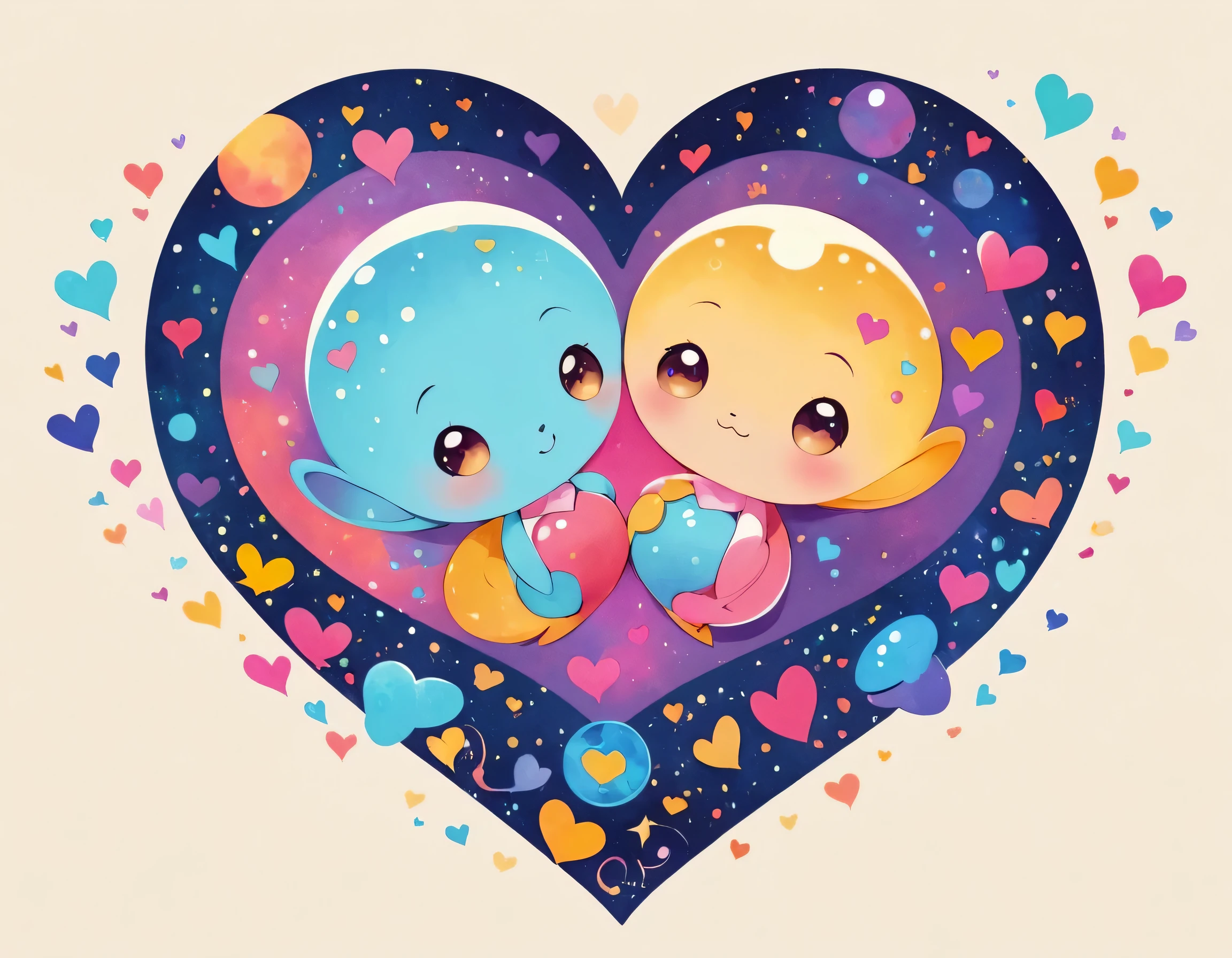 Micho colorfull style, Simple Line Initialism,Abstract art, colorful hearts, funny design, (((bosom buddy ))), (((Cute Aliens))), The background is space