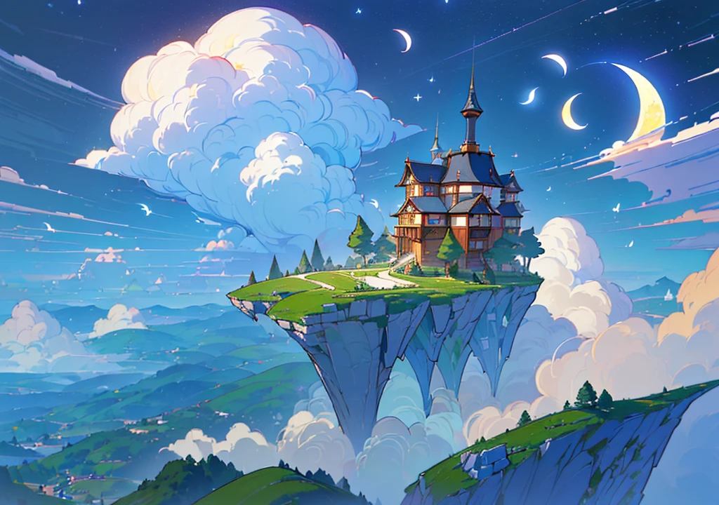 ((((high resolution, Good image quality、Masterpiece、Detailed Pixels、Hypixel、Sharp lines, High quality,It is written)))),(((Single family home、Floating House, The house is floating,Western style,Cafe, Western style建築, Stylishな家))), ((moon、満moon、night景、night、night景、大きなmoon))、((Stylish, Fantasy,beautiful空、cumulonimbus、Big Clouds、summer、 nature, beautiful, beautiful, beautiful空)), (Landscape painting, Anime Style, Anime Style景, background), 