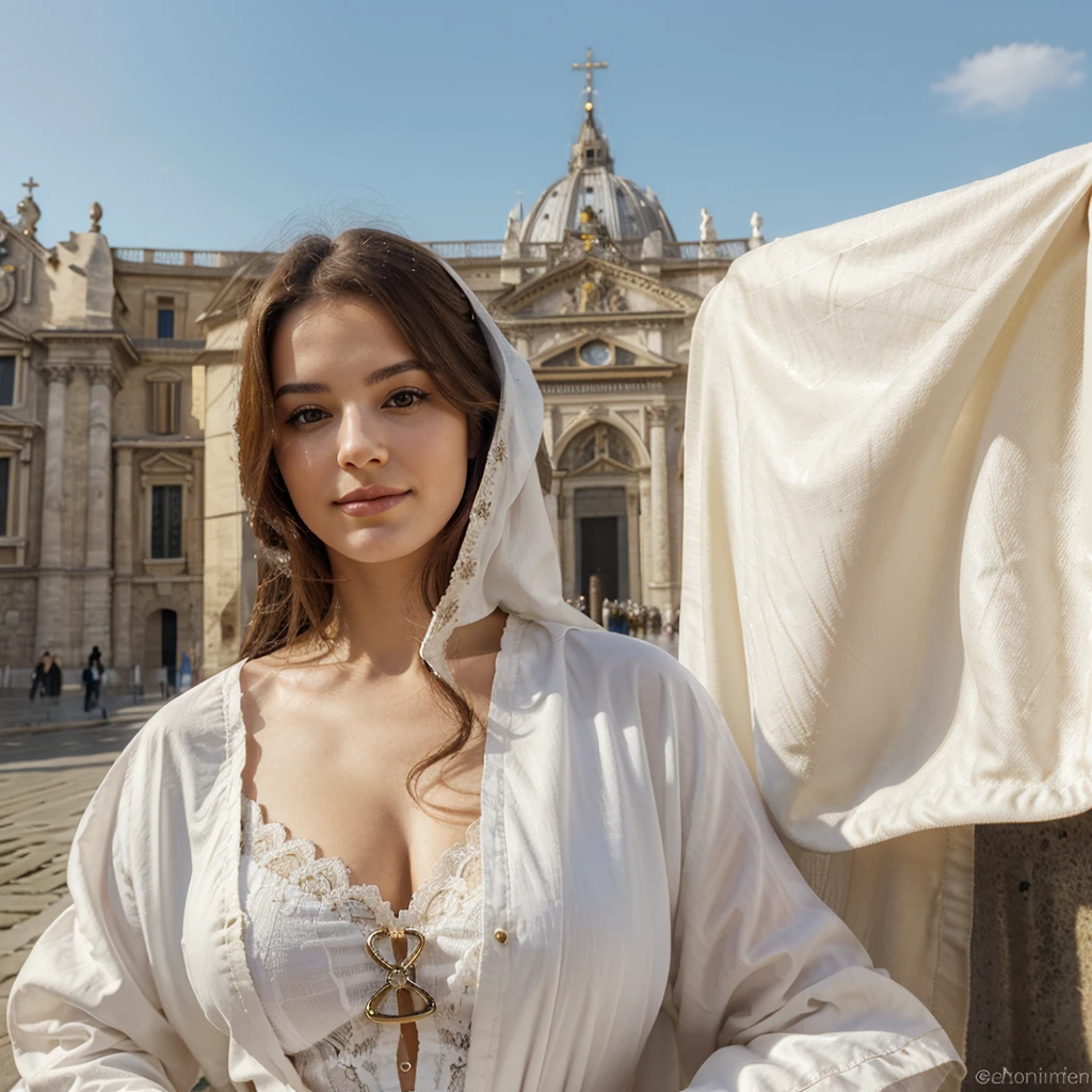  smirk, regard de face, belle femme, jolie visage, bau coprs, belle robe blanche avec un liseré jaune, ((Place saint Pierre)), (au Vatican)