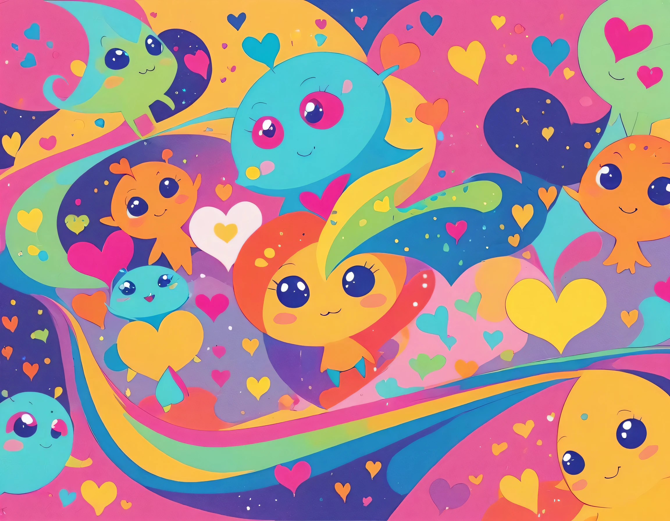 Micho colorfull style, Simple Line Initialism,Abstract art, colorful hearts, funny design, (((bosom buddy ))), (((Cute Aliens))), The background is space