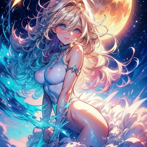 a beautiful 20 year old blonde woman with big messy hair, laying on a fluffy cloud in the sky, fluffy clouds cover her body, full body, with glowing moon and twin stars, with a small cityscape below, fantasy art style, rossdraws cartoon vibrant , cute detailed digital art, colorfull digital fantasy art, digital fantasy art ), glossy digital painting, rossdraws pastel vibrant, rossdraws 2. 5, rossdraws 1. 0