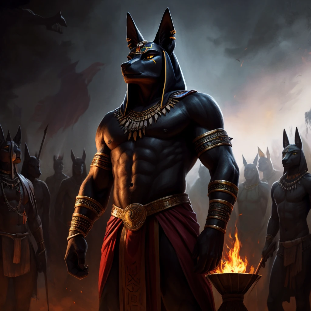 realistic detailed portrait of anubis, crowd of tribal warriors, male warrior in tribal attire, tribal ritual welcoming, stern authoritative pose, dark moody lighting, dramatic shadows, rich vibrant colors, hyper detailed, high resolution, cinematic, concept art style