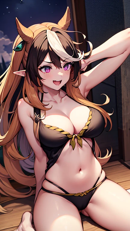 1boy 1girl,elf, blonde,long hair,large breast,ponytail,green eyes,1girl, Smile, Devil's Horns, Devil's Wings,seductive smile,night,,ecstasy, embarrassed, orgasm,dark bikini,detail bikini,steam,swet skin,heart,shota,nsfw,sex,, best quality, amazing quality, very aesthetic, absurdres