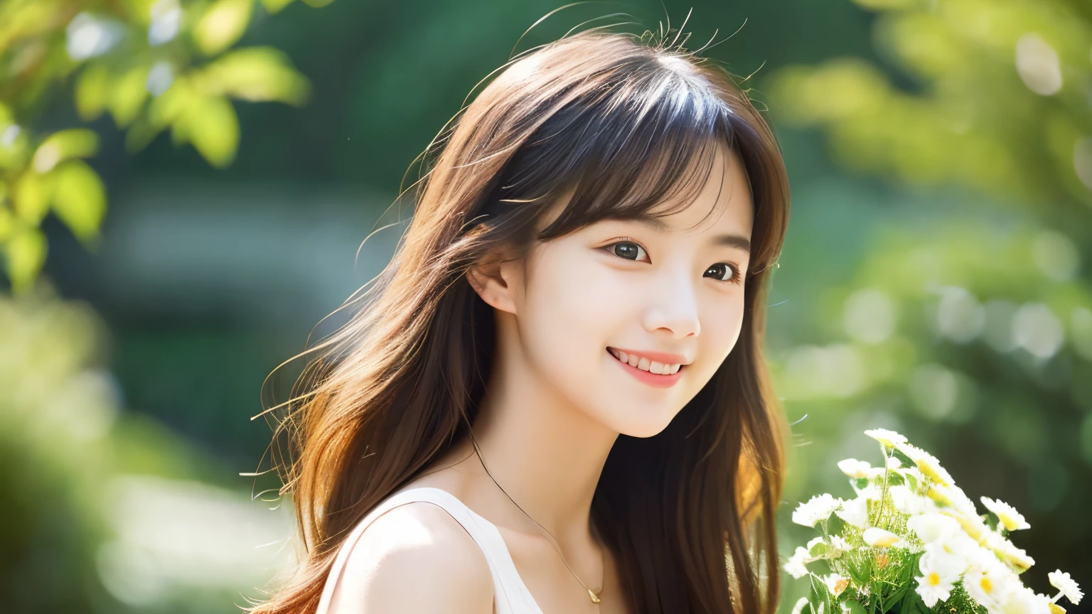 Create an image of a young woman around 25 years old, inspired by the provided image. The woman should have long, flowing hair and a gentle smile, holding a bouquet of flowers similar to the one in the reference. The setting should be a beautiful outdoor environment with greenery in the background, reminiscent of a sunny day. The woman should have a slightly more mature appearance while maintaining a warm and friendly expression. Ensure the lighting and color tones are soft and natural, highlighting her youthful yet mature beauty.