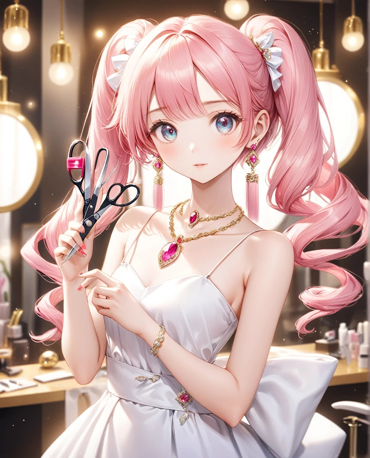 (Highest quality,8k,32K,masterpiece,Ultra-high resolution :1.2 ),born,One girl,Super cute,Natural light,Clear, shining eyes,20-year-old,Fair skin,Beauty salon digital world fantasy background,The noble earrings are shining,The noble necklace shines,Pink Hair,beautician,Holding scissors,Twin tails