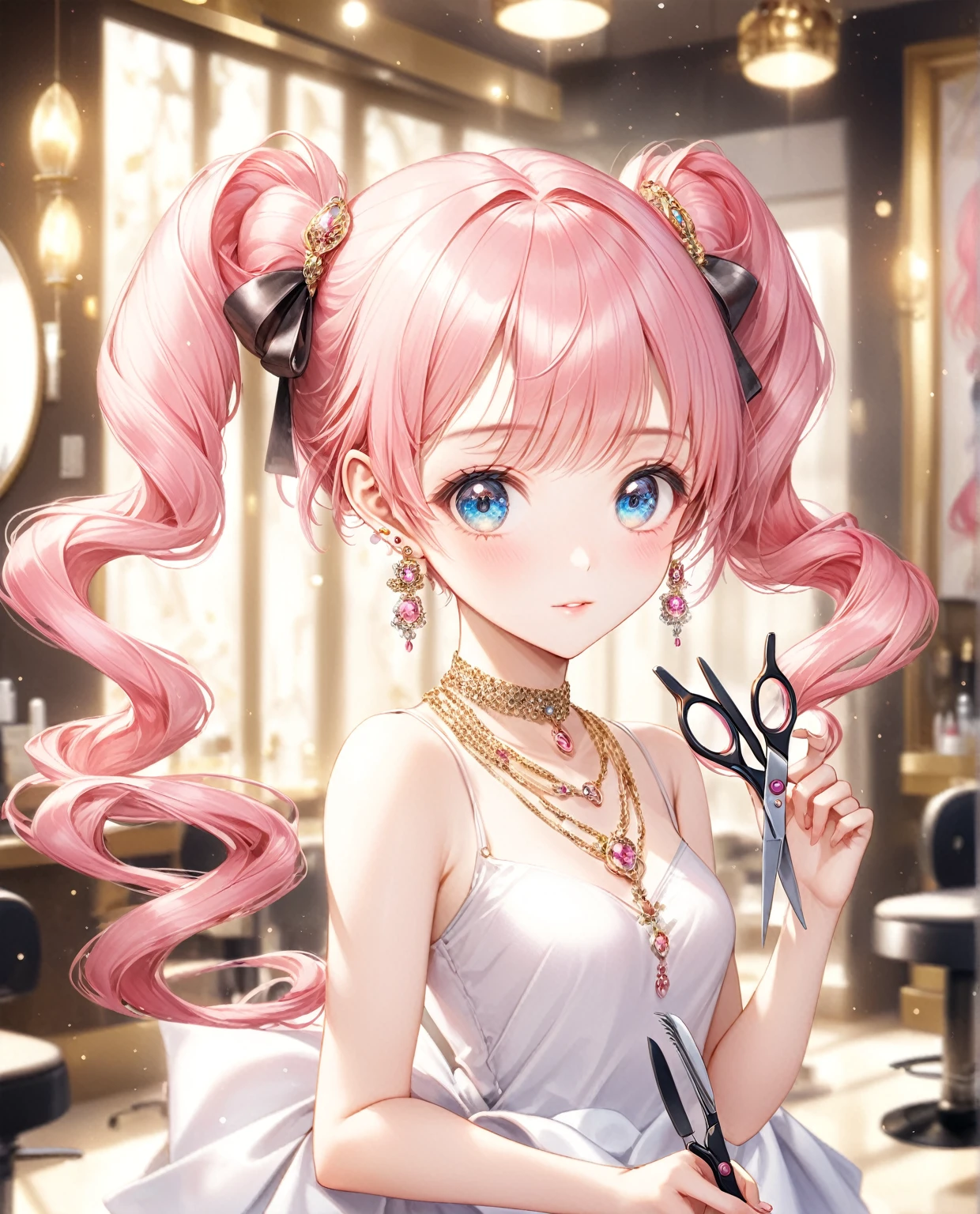 (Highest quality,8k,32K,masterpiece,Ultra-high resolution :1.2 ),born,One girl,Super cute,Natural light,Clear, shining eyes,20-year-old,Fair skin,Beauty salon digital world fantasy background,The noble earrings are shining,The noble necklace shines,Pink Hair,beautician,Holding scissors,Twin tails