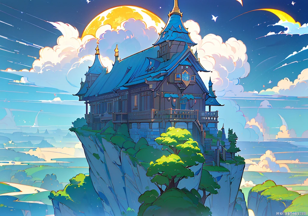 ((((high resolution, Good image quality、Masterpiece、Detailed Pixels、Hypixel、Sharp lines, High quality,It is written)))),(((Single family home、Floating House, The house is floating,Western style,Cafe, Western style建築, Stylishな家))), ((moon、満moon、night景、night、night景、大きなmoon))、((Stylish, Fantasy,beautiful空、cumulonimbus、Big Clouds、summer、 nature, beautiful, beautiful, beautiful空)), (Landscape painting, Anime Style, Anime Style景, background), 