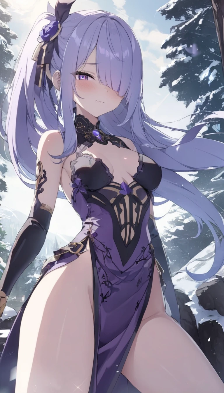 Long hair, blue and Iris purple hair, Side ponytail, hair over one eye, brushed eyes, diagonal bangs, ribbon, hair ribbon, evil eyes, heterochromia, Crystal Pupils, Light Blush, high detail, glowing light, ray tracing, high details, super detail, high quality, highres, Apricot high slit skirt，1080P, The snow-capped mountains sparkle silver in The sunlight The pine forest at The foot of The mountain is covered, Stunning, Exquisite, Comely, Charming, Aesthetically pleasing