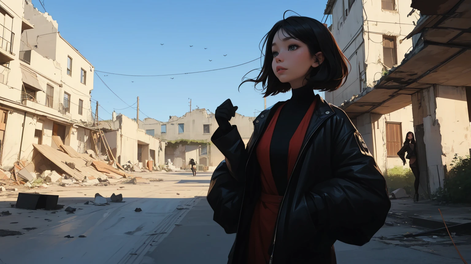 1 woman，masterpiece, 8K quality, 2B from Nier, ((best quality specialist)), ((piece of art)), (очень underробно:1.3), 2B in the ruins of the city of a forgotten war, Ancient technology, Nier Automata, standing, Full body, Photo essay, Face focus, I look at the sky, HDR (high range dynamics), Ray tracing, NVIDIA RTX, super resolution, Unreal 5, underземное расселение, PBR-текстура, Post-processing, Anisotropic filtering, depth of field, Maximum sharpness and sharpness, очень underробный, one girl, check_9, check_8_up, check_7_up,source_anime, Наstandingщий, Наstandingщийistic, родинка слева над underбородком, 2b, long_sleeves, gloves, dress, split,black_gloves, Plump_sleeves, black_thigh high, кmouth, black_dress, cloth_cut, split_cut, black_hair band, Juliet_sleeves, кmouth_under_mouth, повязка на eyes, bracers, coated_eyes, black_повязка на eyes, The destruction of the city, , cowboy shot, brilliant, brilliant hair, (night:1.2),Dreamy, [[gentle fingers and hands:0.55]::0.85],(detailed fingers),),(emotional),(breathtaking),(main part:1.2) whole body.), (Anime Style), (Super Detailed), (brutal), (uhd, HDR), (8k), (High Resolution: 1.2), (Complex and Beautiful: 1.2)