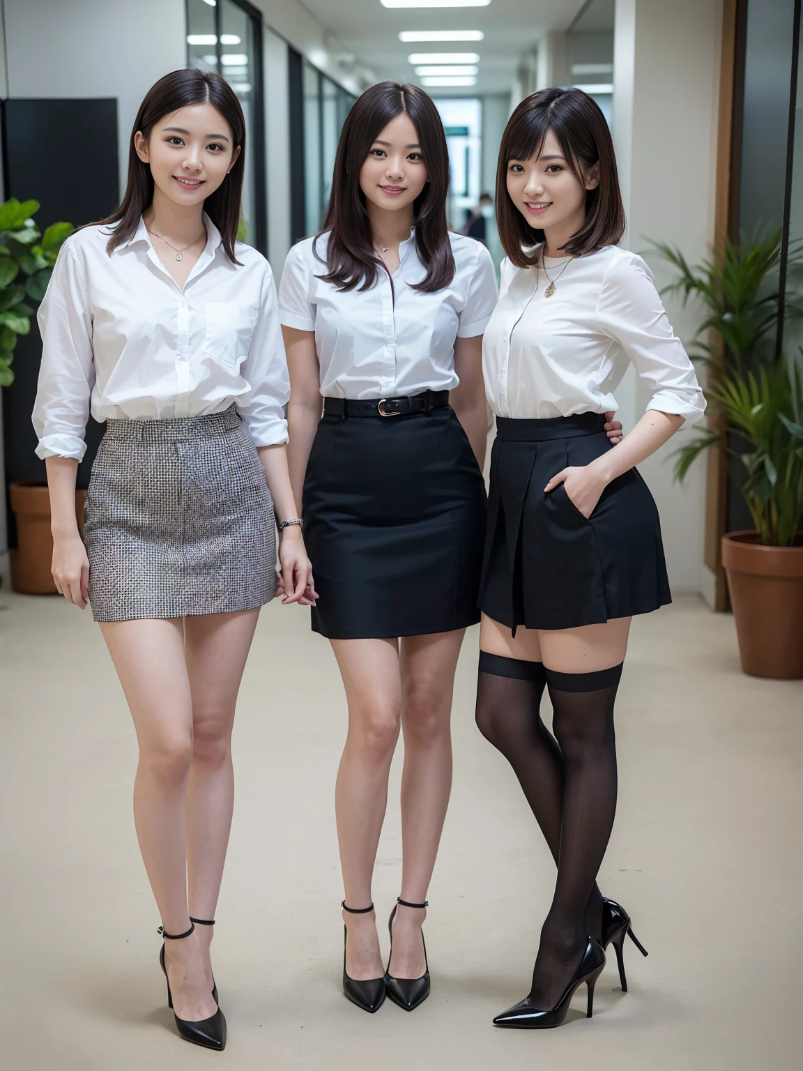 (Highest quality, masterpiece, Photorealistic, Super detailed, Ultra-high resolution, born:1.3), (Three Girls:1.3), beautiful, Japanese, mature, 28 years old, office workers, (Close bonds, Short skirt),(stockings),(smile), (bangs), high waist, necklace, (office, indoor, Glass Room), (Long legs, High heels, whole body:1.2), (crowd)