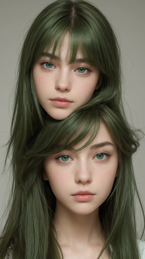a girl. european. extremely detailed face. oval face. delicate features. half closed eyes. long straight hair. messy hair. green eyes. green hair. sad. shy. front