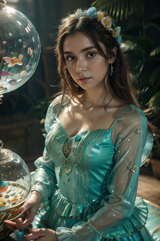 under water, glowing fish in the background, masterpiece, best quality, 8k resolution, sharp focus, intricate detail, beautiful girl, sparkling eyes, golden ratio face, otherworldly liquid, watercolor, pastel colors, bright colors, whimsical, colorful, sharp focus, high resolution, fine detail, ((layered tiered puffy long sleeves ballgown)), ((round eyes)), iridescent bubbles, fantasia background