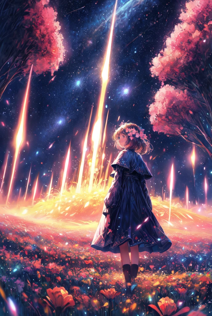 There is a girl standing in a flower field looking up at the sky, a girl standing in a flower field, a girl walking in a flower field, lost in a dreamy wonderland, standing in a flower field, fantastic digital painting, the sky gradually clears, the starry sky gradually recedes