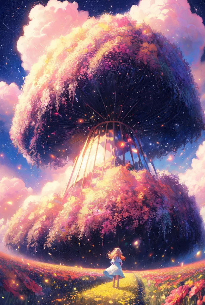 There is a girl standing in a flower field looking up at the sky, a girl standing in a flower field, a girl walking in a flower field, lost in a dreamy wonderland, standing in a flower field, fantastic digital painting, the sky gradually clears, the starry sky gradually recedes  