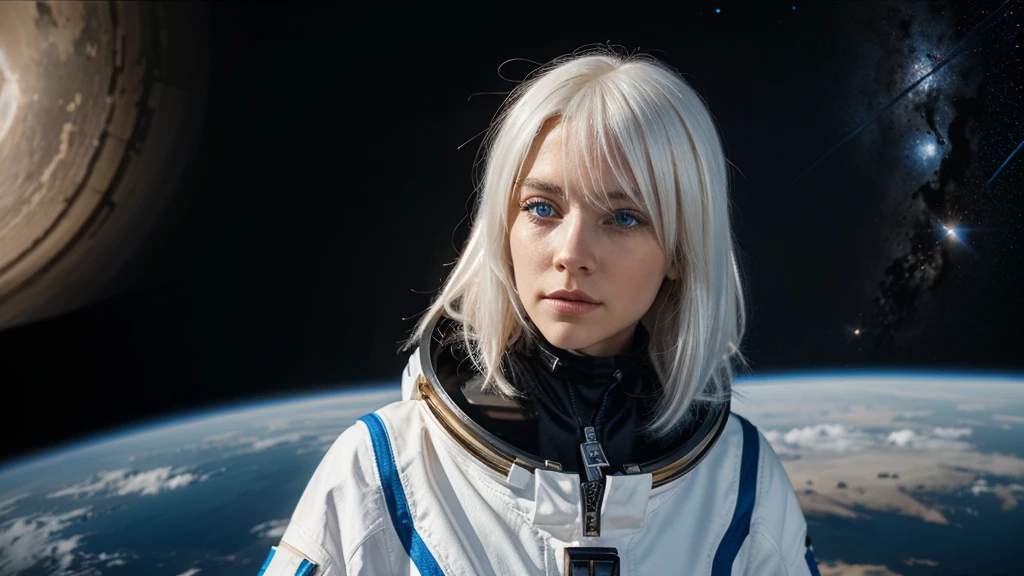 woman ,Golden-white hair,blue eyes,,,Black space suit