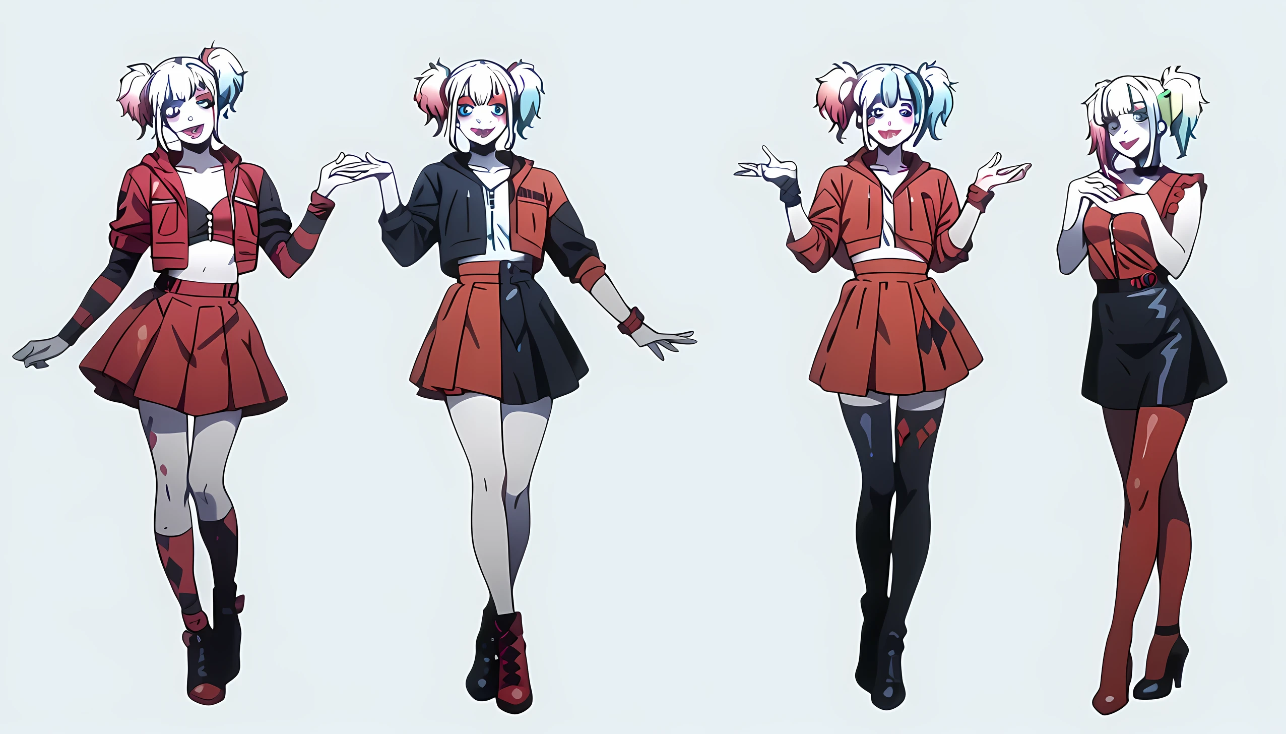 Beautiful legs in stockings,beautiful figure and body,smile,beautiful pose,sexy,different poses,Harley in anime style,Beautiful face,Beautiful hands,beautiful waist,sexy Harley Quinn,skirt