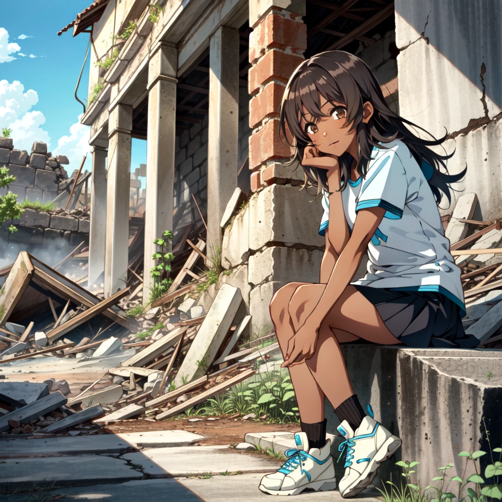 14-year-old girl、((Dark Skin))、((Brown skin))、Happiness、Serious、Black Diamond、ruins、ancient ruins、Archeologist、trip、Seriousに考えこむ、Sitting in the ruins、rubble