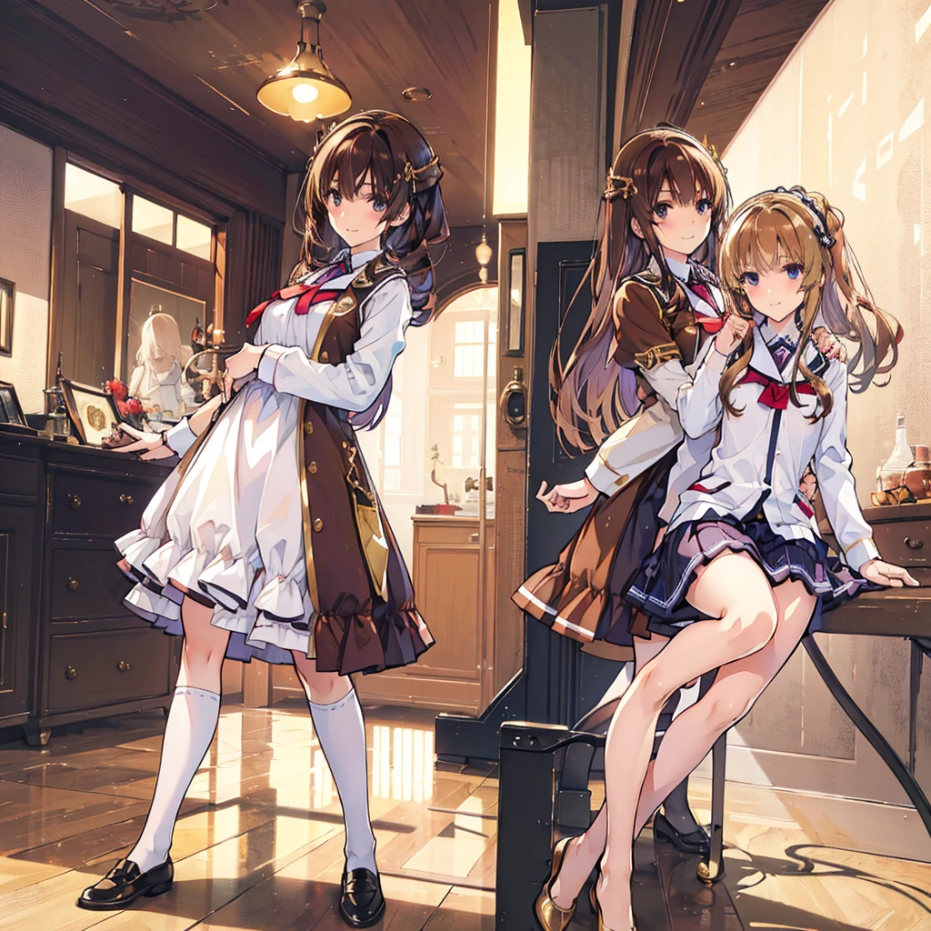 masterpiece, high quality, Multiple girls, organization, Same sisters, blond, brown hair, curls, (brown haired sisters, blond sister, many sisters, Match hairstyle, different hair Farbes), Hazel eyes, ((Matching clothing, Uniforms)), Smile, flat_Farbe, Same height, organization pose, Back to back, sister pictures,