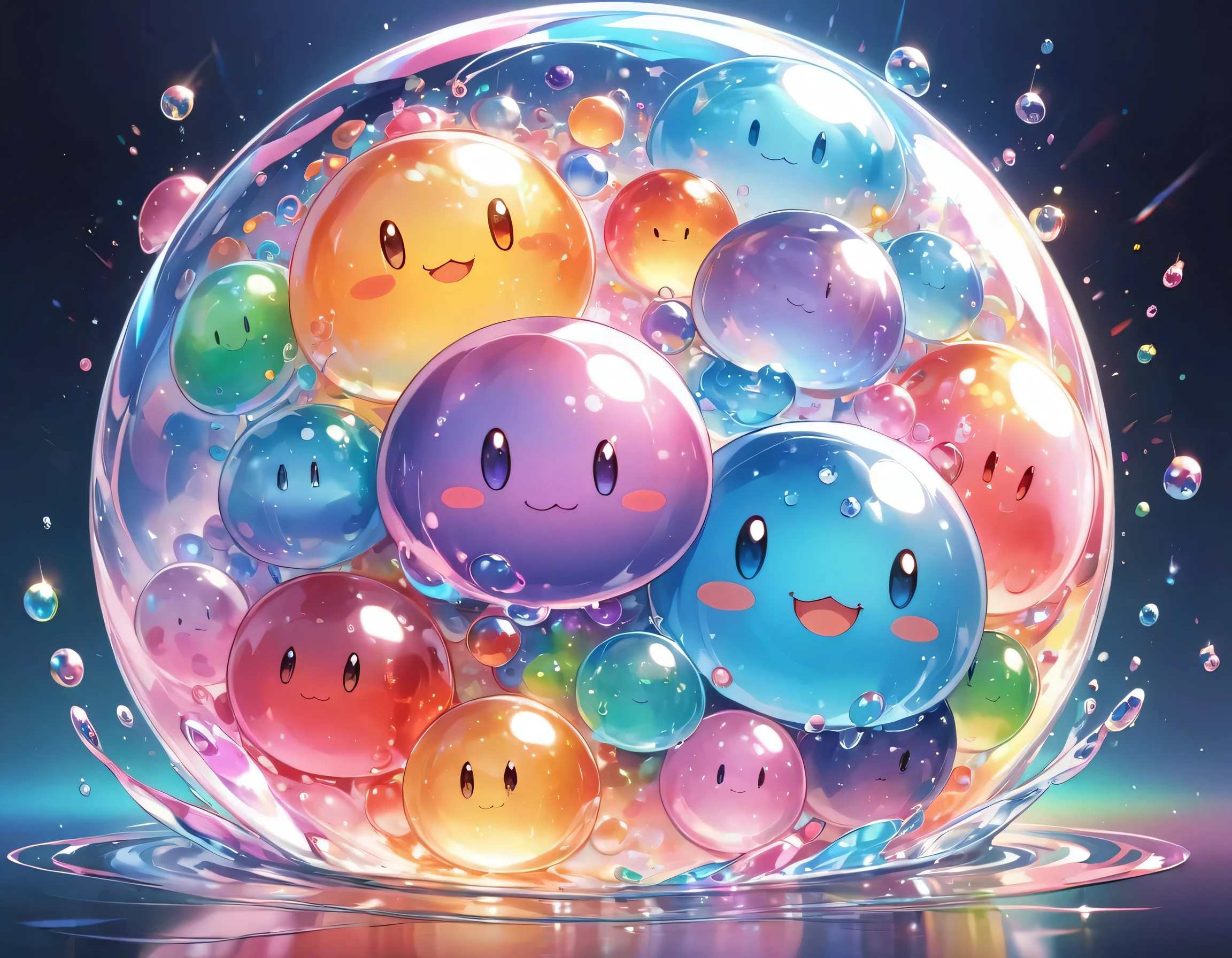 Slime, All in one, Tiny nuclei that shine in fantastical rainbow colors,and a completely melted jelly fusion, Very transparent material, High viscosity, Elasticity due to surface tension, Holographic sparkling reflections, Create an engaging impression on your audience