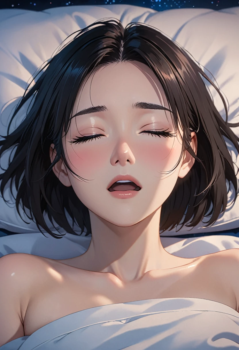 masterpiece, High resolution, illustration, kyoto animation style, Your name is cinematic style, night, midnight, Light, (1 female: 1.3), (alone: 1.4), long eyelashes, short bob, nose blushing, futon, lying down, naked, face close-up, Hide with hands chest, Hide with hands, open mouth, eyes partially closed, orgasmic expression