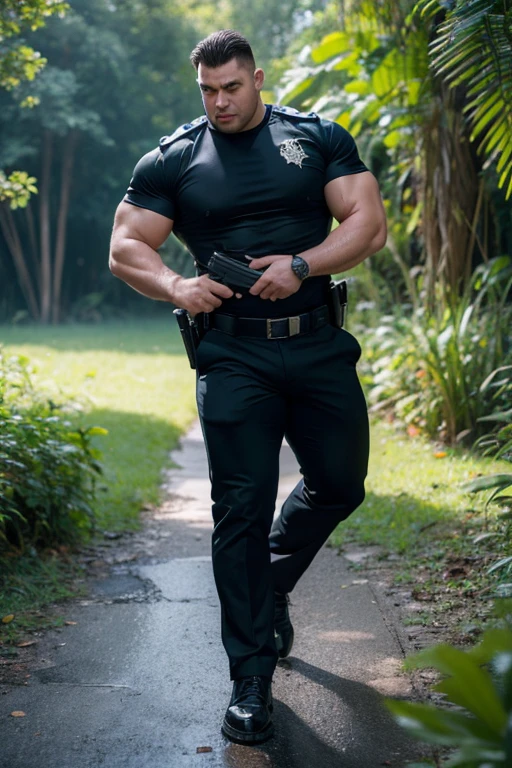 big muscular young man,tight police uniform,Crotch police pants,Standing full body, holding a gun, catching a good-looking male criminal.,in the swamp,Wet,in natural light