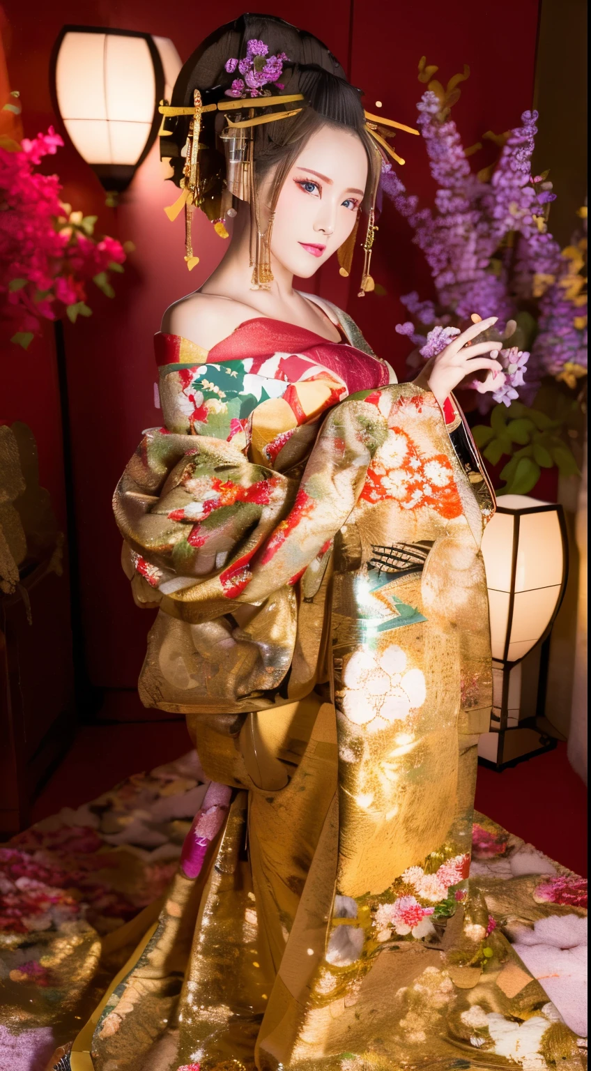 ((masterpiece(:1.4)，Highest quality，Ultra-high resolution，Highest quality，8k，Extremely detailed，In detail))。night，Japanese，(A beautiful woman)，glossy，slim，Large Breasts(1.6)，sexy，glamorous，((Golden Ratio Style，Perfect Style))，Narrow waist，Flashy gal makeup，Japanese garden，Oiran，Prostitute，Sunny day outfit，Uchikake，Gold brocade，((A gorgeous kimono))，A cutting board belt tied in front，Hair tying，hairpin，hair ornaments，Gorgeous costumes，Beautiful standing posture，Presence，Exude sex appeal，looking at the camera，Show off your style，