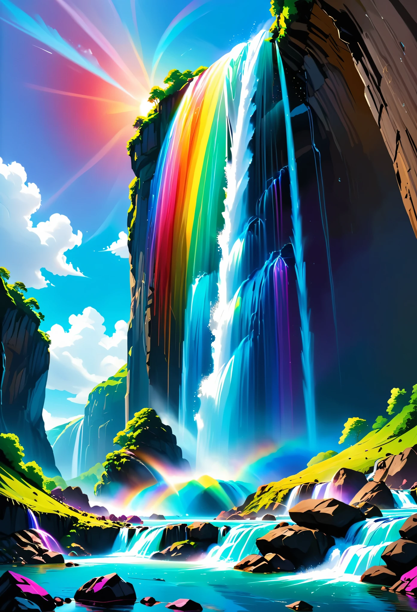 a ((low angle shot: 1.5)), from below of an epic waterfall, there is an epic waterfall coming out of an epic cliff, the water coming down in earnest, there is a rainbow reflected on the  water, vibrant, Ultra-high resolution, High Contrast, (masterpiece:1.5), highest quality, Best aesthetics), best details, best quality, highres, 16k, (ultra detailed: 1.5), masterpiece, best quality, (extremely detailed) RAW, (ultra details, Masterpiece, best quality), ral-czmcrnbw