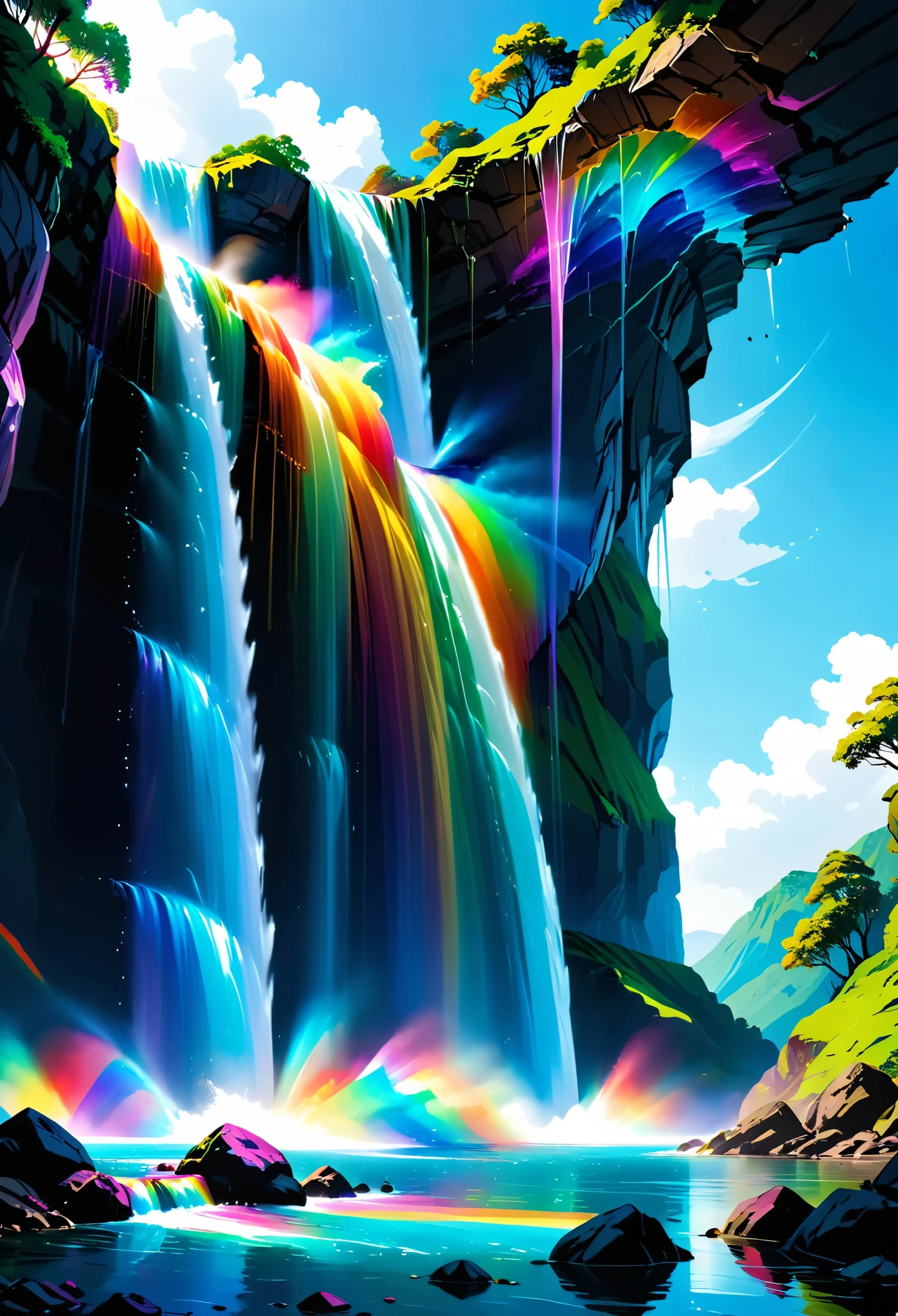 a ((low angle shot: 1.5)), from below of an epic waterfall, there is an epic waterfall coming out of an epic cliff, the water coming down in earnest, there is a rainbow reflected on the  water, vibrant, Ultra-high resolution, High Contrast, (masterpiece:1.5), highest quality, Best aesthetics), best details, best quality, highres, 16k, (ultra detailed: 1.5), masterpiece, best quality, (extremely detailed) RAW, (ultra details, Masterpiece, best quality), ral-czmcrnbw