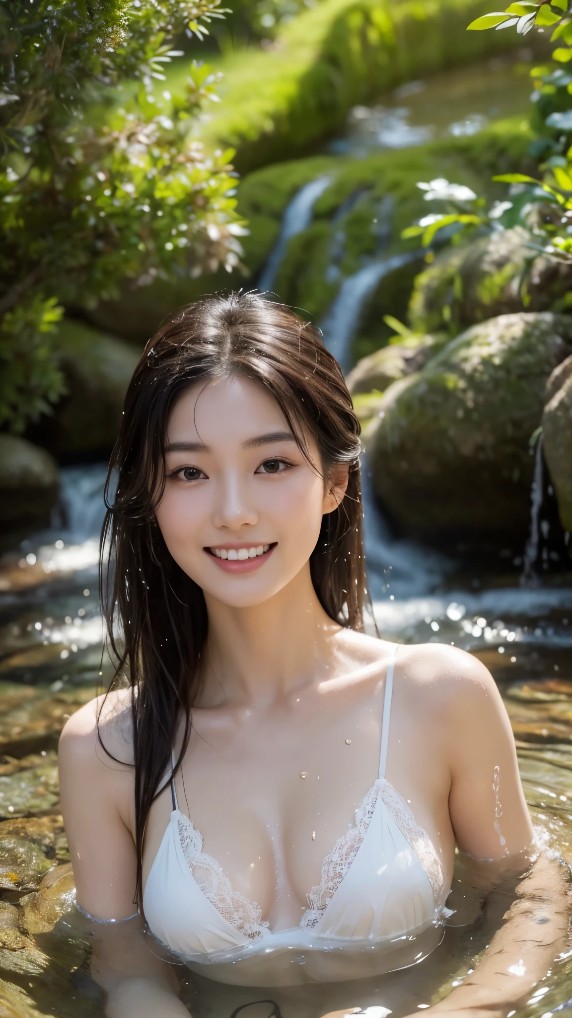 best quality, masterpiece, ultra high resolution, Japanese supermodel soaks in hot springs, A bright smile with teeth visible, outdoor hot springs, stone hot springs, surrounded by moss and trees, What a beautiful face, pure body, Pores are clearly visible, (laugh:0.8), wear separate clothes,Lace Bikini, (realism:1.5), original photo, wet body, sweat all over one's body, bare shoulders, in the dark, deep shadows, low profile, cold light