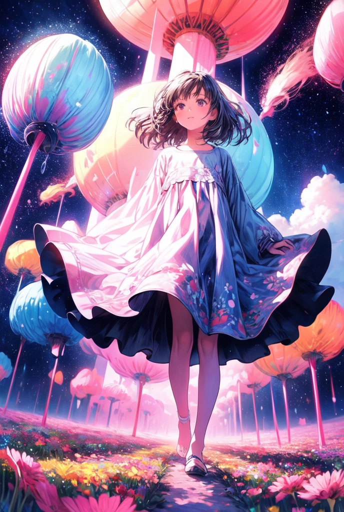 There is a girl standing in a flower field looking up at the sky, a girl standing in a flower field, a girl walking in a flower field, lost in a dreamy wonderland, standing in a flower field, fantastic digital painting, the sky gradually clears, the starry sky gradually recedes, masterpiece, double ultra