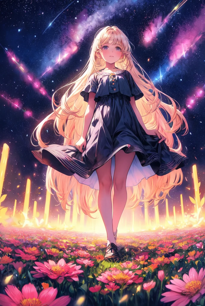 There is a girl standing in a flower field looking up at the sky, a girl standing in a flower field, a girl walking in a flower field, lost in a dreamy wonderland, standing in a flower field, fantastic digital painting, the sky gradually clears, the starry sky gradually recedes, masterpiece, double ultra