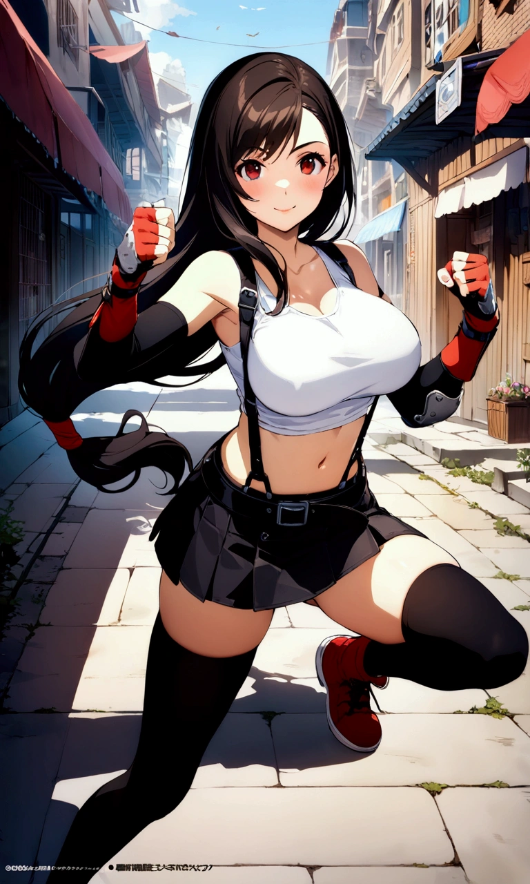 score_9, score_8_up, score_7_up,(best quality,masterpiece),ultra detailed,(aesthetic,very aesthetic),highly detailed),megami_magazine,official art,1girl, tifa lockhart, final fantasy, tareme,black hair, low-tied long hair, red eyes, bangs, white tank top, belt, pleated skirt, thighhighs, elbow fingerless gloves, elbow pads, midriff, navel,suspender skirt . ,(large_breasts:1.2),(perky breasts;1,2),(light smile),panties shot,,Solo,,(daytime and beachside and city),,professional lighting,cinematic lighting,fullbody,fighting pose,fighting stance,