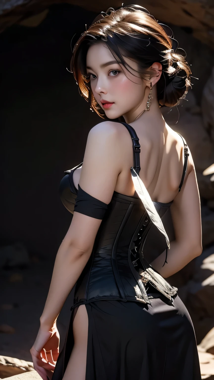 {masterpiece}, {最high quality}, {One girl}, cute, wonderful, Beautiful attention to detail, Iris, short hair, Black Hair, In detail, Depth of written boundary, Highly detailed CG, original, Highly detailed wallpaper, View your viewers, Beautiful Hairstyles、Detailed face, Exposed breasts, Cleavage, (Big Tits, Hard nipples)、Toned Abs, White skin, Realistic、(Cinema Lighting)、Detail emphasis, Beautiful lighting、Sharp focus. (((black corset dress))), In a dark cave、Inside a realistic cave、masterpiece, 最high quality, high quality, High resolution、 ((View from behind))、