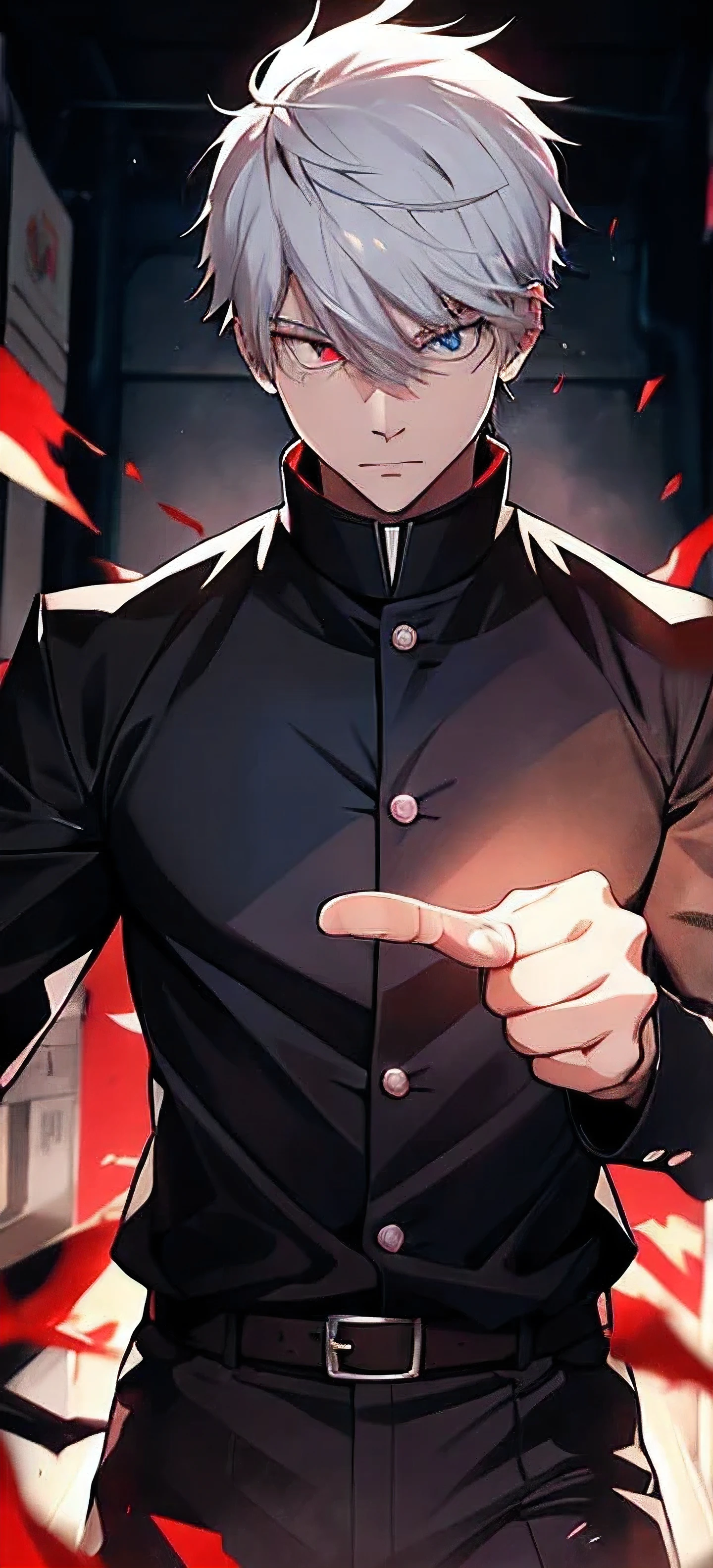 1 male,Satoru Gojo,Jujutsu Kaisen,,Create an image of Satoru Gojo from the manga 'Jujutsu Kaisen' by Gege Akutami. Gojo is a tall, slender man with white hair, usually wearing a black blindfold or sunglasses with blue dress. He shows bloodthirst look, blue eye, destructive look. Capture him in a dynamic pose, possibly with one hand raised and a single finger pointed and energy surging through the finger. The background should red and black with fire. Include special effects like a violet aura or energy waves to emphasize his power, and show his piercing blue eyes glowing if his blindfold is off. Make sure to highlight his stylish attire and the dramatic atmosphere.