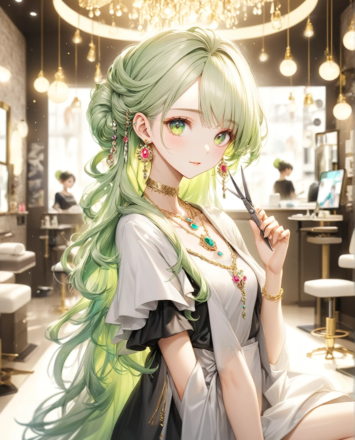 (Highest quality,8k,32K,masterpiece,Ultra-high resolution :1.2 ),born,One girl,Super cute,Natural light,Clear, shining eyes,20-year-old,Fair skin,Beauty salon digital world fantasy background,The noble earrings are shining,The noble necklace shines,Light green hair,A little colorful hair,beautician,Holding scissors,Long Hair